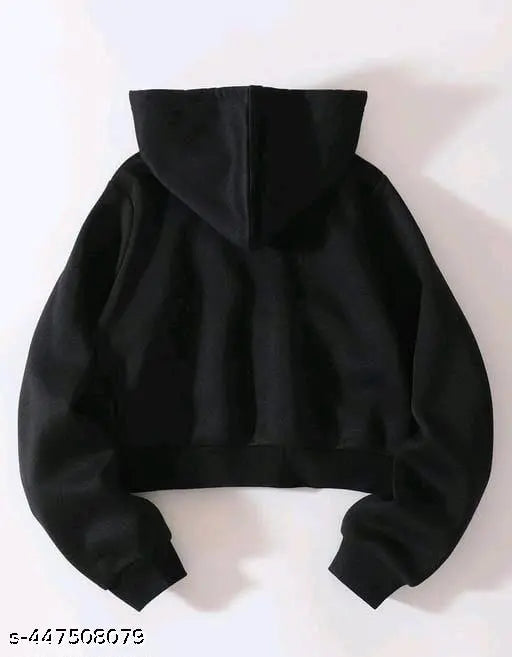 Women's black fleece crop zipper hoodie, stylish short jacket for winter