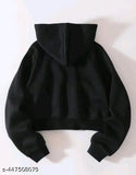 Women's black fleece crop zipper hoodie, stylish short jacket for winter