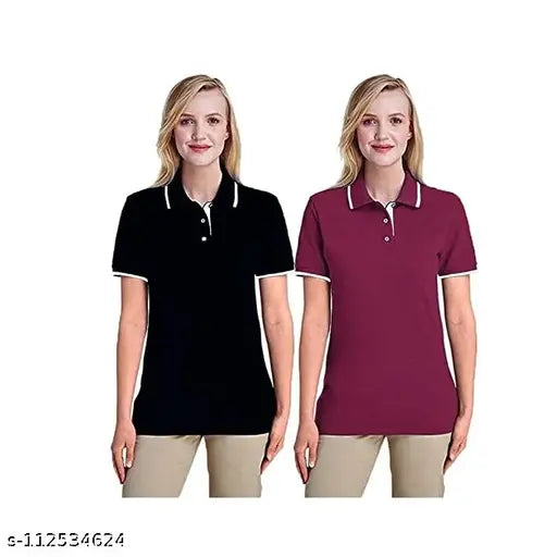 Regular cotton black & maroon women's polo t-shirt combo pack, solid pattern, short sleeves, made in India