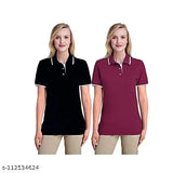 Regular cotton black & maroon women's polo t-shirt combo pack, solid pattern, short sleeves, made in India
