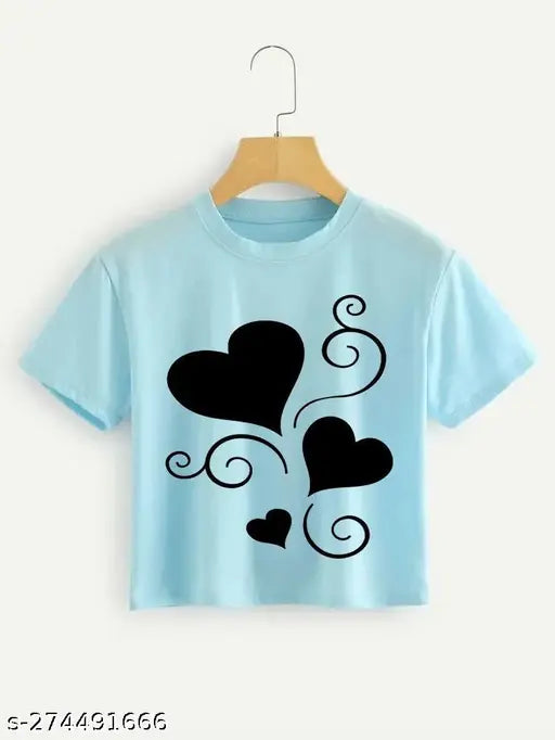 Premium cotton blend crop t-shirts for women, short sleeves, printed design, trendy top for casual wear
