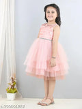 Peach net embellished balloon-style dress for girls party wear, 1-2 years size