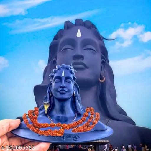 Handcrafted Adiyogi miniature statue with 5 Mukhi Rudraksha Mala - Hindu religious idol, symbolizing spiritual transformation and peace. Indian art form on display
