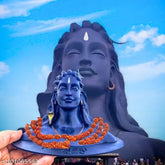 Handcrafted Adiyogi miniature statue with 5 Mukhi Rudraksha Mala - Hindu religious idol, symbolizing spiritual transformation and peace. Indian art form on display