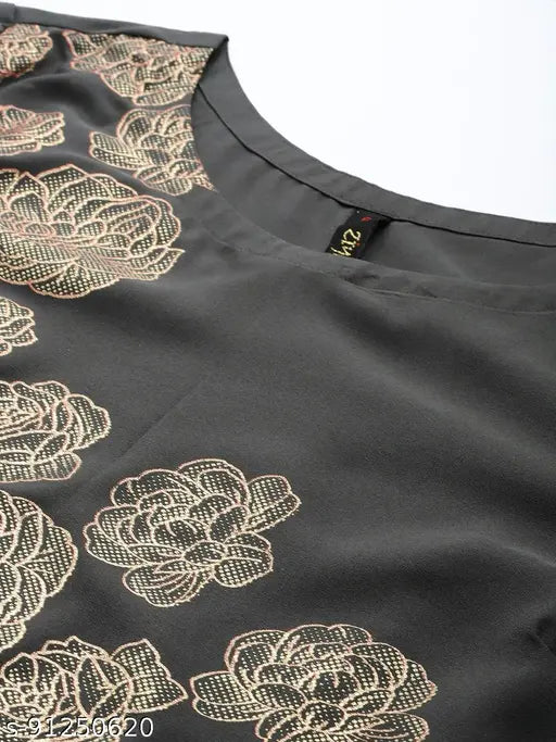 Dark Grey Crepe Kurta & Palazzo Set: Printed net, three-quarter sleeves, India-made women's ethnic wear