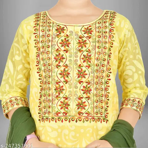 Sevgi Girl's embroidered cotton kurta palazzo set with dupatta, A-line style for girls aged 4-10 years, handcrafted Indian traditional wear