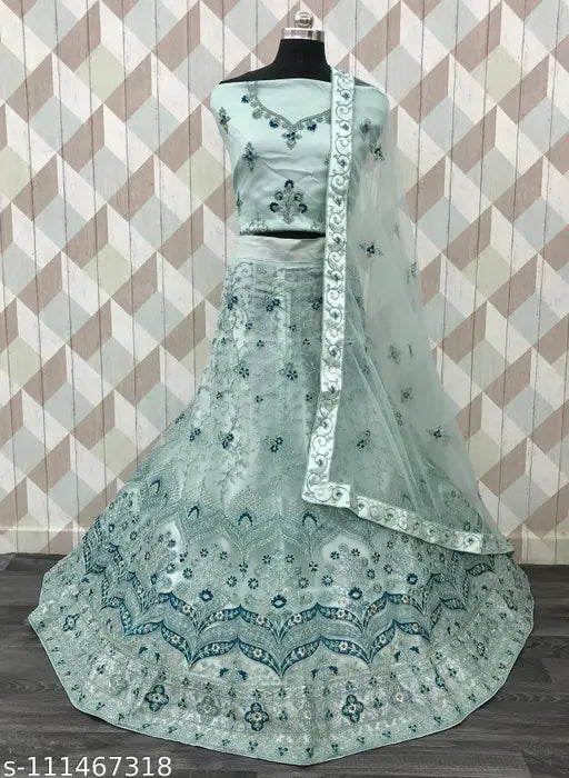 Embroidered net Lehenga Choli, traditional Indian wedding outfit set for women with semi-stitched 42" waist lehenga and 2.5m dupatta