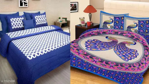 Jaipuri printed cotton double bedsheet combo pack (Queen size), 4 pillow covers included, Indian-made bedding set displayed