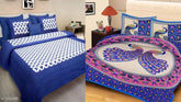 Jaipuri printed cotton double bedsheet combo pack (Queen size), 4 pillow covers included, Indian-made bedding set displayed