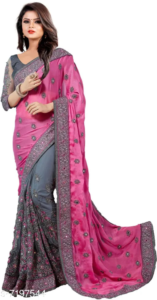 Pink and grey Vichitra silk saree with mirror embroidery and net detail, Dupion blouse piece for party wear