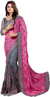 Pink and grey Vichitra silk Nyloan net havy embroidered party wear saree with blouse piece, Georgette & Dupion Silk, embellished with mirrors
