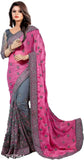 Pink and grey Vichitra silk saree with mirror embroidery and net detail, Dupion blouse piece for party wear