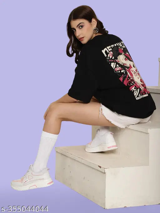 Oversize printed black cotton women's t-shirt with short sleeves, ultra-soft and breathable, perfect for everyday wear (S-XXL)