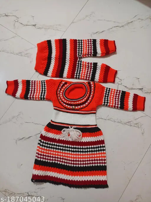 Striped long-sleeve baby frock sweater, Indian-made girl's winter wear in sizes 6-12M and 12-18M