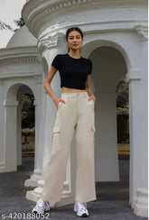 Cream cotton blend cargo pants for women, four-pocket design, wide leg jeans with non-stretchable denim fabric. Elevate your wardrobe with SKG Group's organic jeans