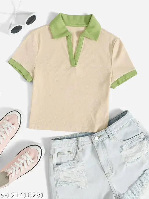 Colorblocked cotton contrast collar crop t-shirt, short sleeves, 10XL size, India origin