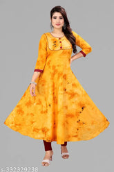 Yellow Rayon Anarkali Kurti with Dori Patches, three-quarter sleeves, ideal for office wear or social gatherings, made in India