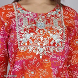 Rayon three-quarter sleeve printed Anarkali Kurti for women, Bandhani style from India