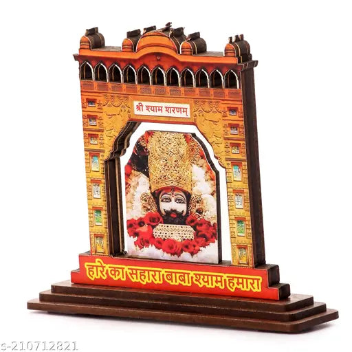 Handcrafted wooden Khatushyam Baba Gate with photo, perfect for home temples or car dashboards, features sacred symbols and a serene depiction of Khatu Shyam Ji." (104 characters)