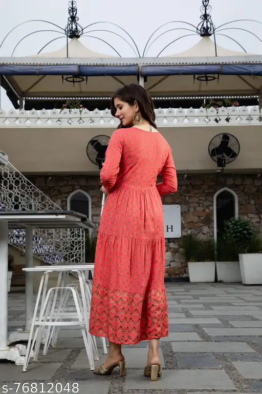 Embroidered rayon Kurti, three-quarter sleeves, trendy designer Indian gown