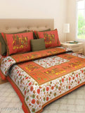 Traditional Jaipuri print cotton queen-size bedsheet combo (Orange, Blue), with 4 pillow covers. Multipack of 2, showcasing vibrant pattern and plush texture
