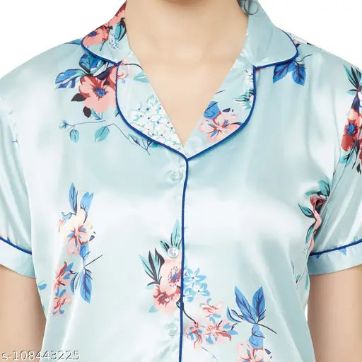 Turquoise floral print Japanese satin women's nightsuit set, lapel collar shirt and elasticated waistband shorts in trendy red floral print, available in sizes XS-5XL