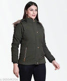 Nylon, quilted full sleeve jacket for women in solid color, hooded with zip closure - Brazo India