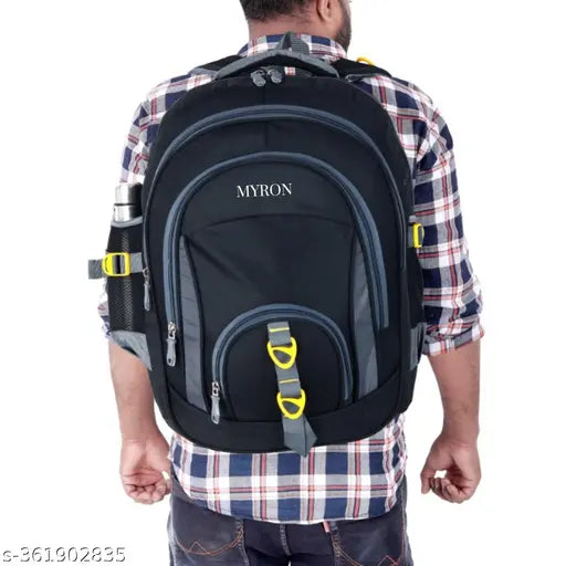 Black waterproof polyester laptop backpack, heavy-duty and durable, for school/college use, features 5 compartments and mesh bottle holder