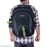 Black waterproof polyester laptop backpack, heavy-duty and durable, for school/college use, features 5 compartments and mesh bottle holder