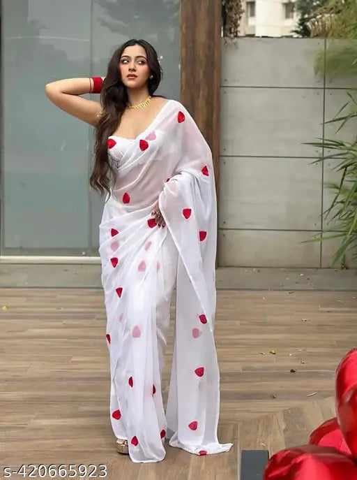 Trending heart-shape embroidered Georgette saree with matching georgette running blouse, India-made partywear