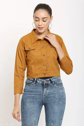 Denim waistcoat for women, solid pattern, three-quarter sleeves, sizes S-XL. Made in India