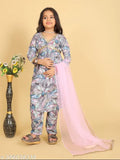 Yellow Kora Muslin Kurta Set with Sharara & Dupatta for Kids, traditional ethnic wear for girls