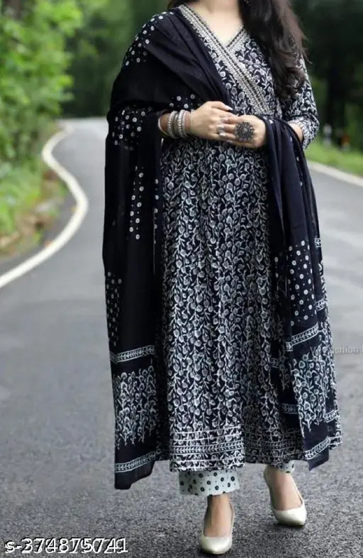 Cotton anarkali gown with beautiful sequence embroidery, featuring a dupatta set. Three-quarter sleeve length, XS (Bust Size: 34 in, Size Length: 40 in) to 7XL (Bust Size: 54 in, Size Length: 40 in). Indian craftsmanship