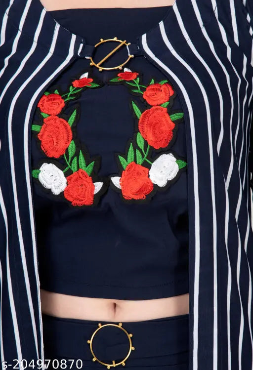 Navy blue striped cotton blend shrug, top, and pants set - Indian Western wear fashion