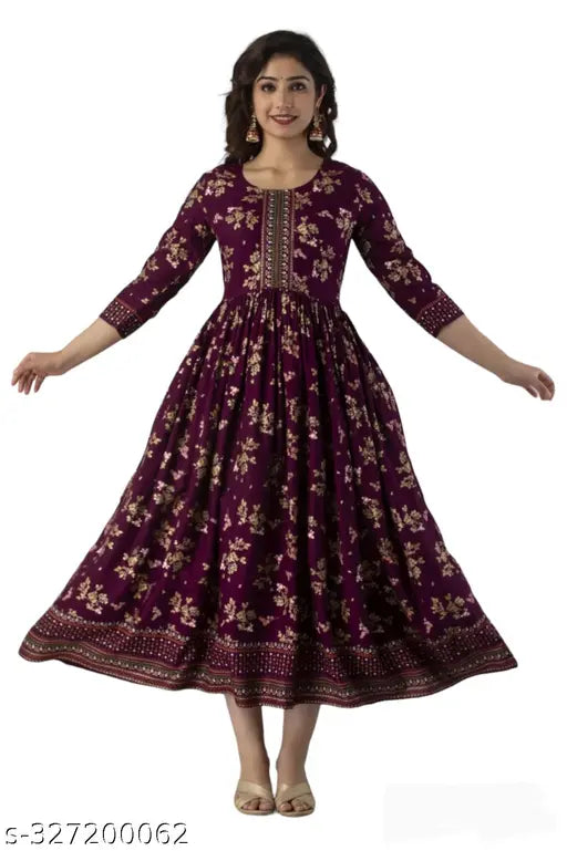 Maroon rayon long printed Anarkali kurt with three-quarter sleeves, featuring a vibrant combo pattern for women's fashion, close-up view