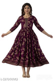Maroon rayon long printed Anarkali kurt with three-quarter sleeves, featuring a vibrant combo pattern for women's fashion, close-up view