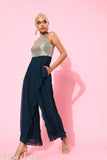 Teal solid polyester teal jumpsuit for women, Miss Chase brand, relaxed fit, round neck, sleeveless with zip closure and 2 side pockets