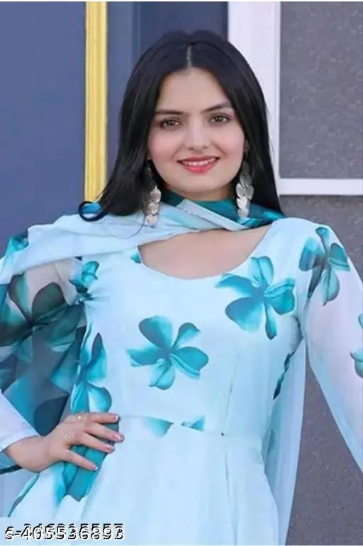 Printed Georgette long gown with dupatta, no bottom - Sleeve length: long, Indian traditional wear for women S-XXXL