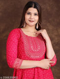 Rayon gold printed Anarkali kurti, floral embroidery, three-quarter sleeves, ankle length, new design for women