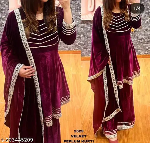 Fashionable velvet kurta, palazzo, and dupatta set in solid colors - Indian wedding wear, party, festival attire (L: bust size 42in, XL: bust size 44in)