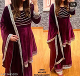 Fashionable velvet kurta, palazzo, and dupatta set in solid colors - Indian wedding wear, party, festival attire (L: bust size 42in, XL: bust size 44in)
