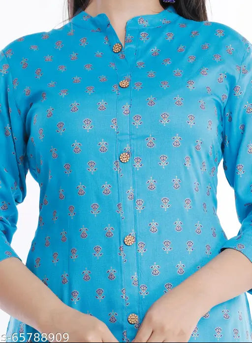Rayon Aishani alluring women's kurta set with palazzo bottoms, printed net pattern on display