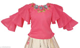 Blue silk blend lehenga choli for kids, short sleeves with net detail, Indian traditional wear