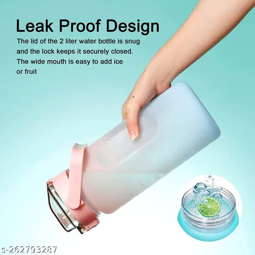 Pink plastic sipper bottle, large capacity 2L, motivational quote & time marker for office or gym, non-toxic, suitable for kids and adults