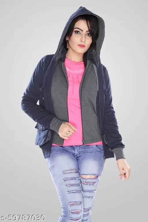 Mintytees stylish cotton long-sleeved sweater with double jacket, mint color, solid pattern, mock high neck & front zipper opening, size L or XL (India origin)