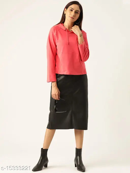 Laabha women's pink solid hooded fleece pullover sweatshirt, size chart displayed - India-made women's casual wear