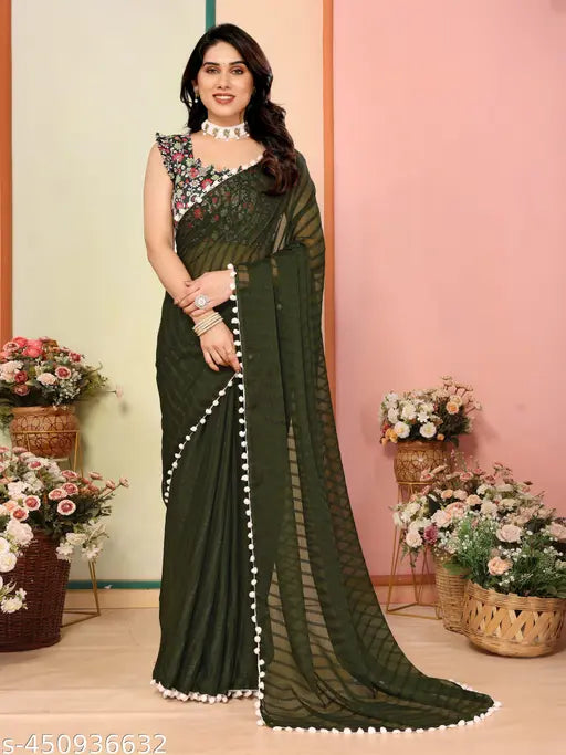 Georgette new saree with separate art silk blouse, solid pattern on vibrant fabric, free size