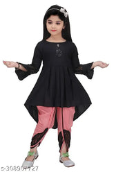 Rayon printed round neck kurta with dhoti pant for kids, solid pattern ethnic wear by Jhilik Garments