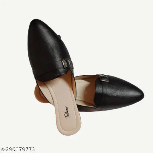 Black PU buckle sandal, sleek suede slip-on mule for women's fashionable office wear