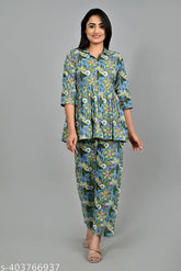 Multi-colored premium cotton printed elegant top & pant co-ord set, three-quarter sleeves, trendy pocket, India origin